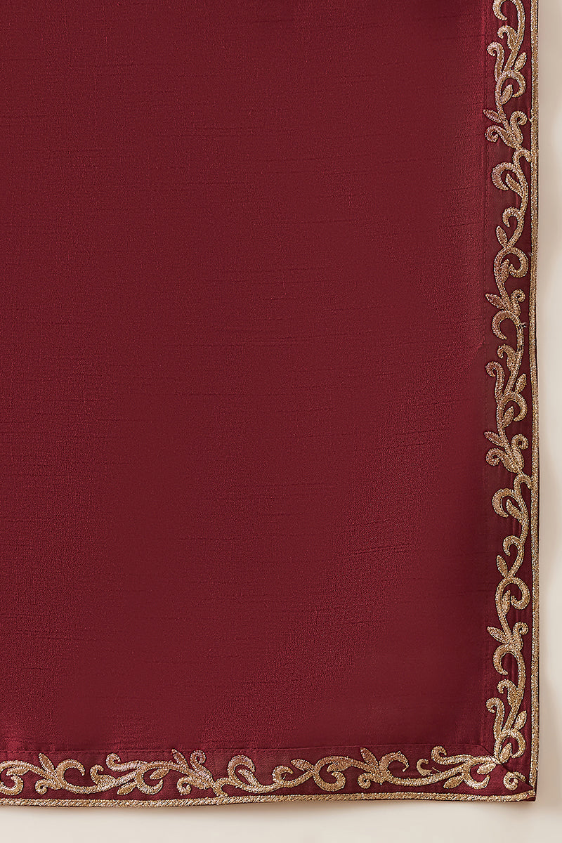 Maroon Silk Blend Solid Embroidered Kurta With Dupatta MKUD1036