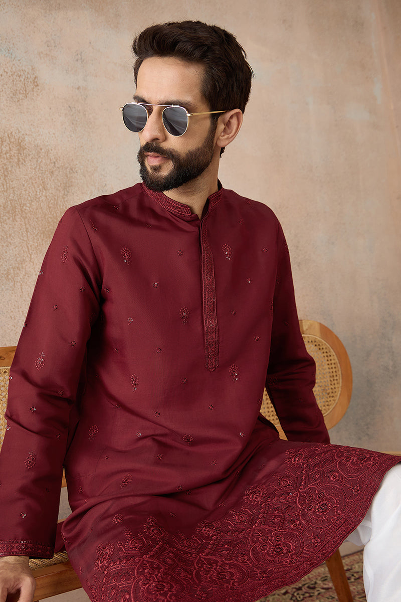 Maroon Silk Blend Solid Emboidered Straight Kurta MKU2289