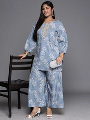 Blue & White Floral Print Plus Size Ethnic Tunic with Palazzos-AP-AHTUPZ-COMBO-646-EMB-OA