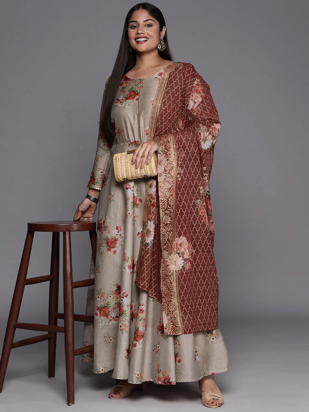 Brown Floral Print Plus Size Indian Dresses with Dupatta