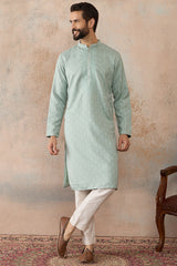 Green Linen Blend Geometric Woven Design Kurta With Trouser MKSET2365