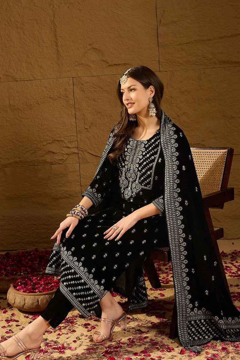 Black Velvet Ethnic Motifs Printed Straight Trousers Suit Set PKSKD292