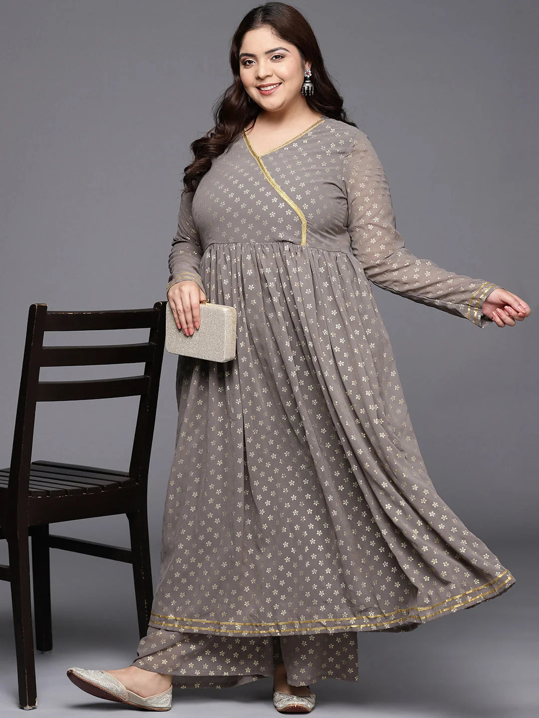 Plus Size Grey Angrakha Kurta Palazzo Set - Printed Style