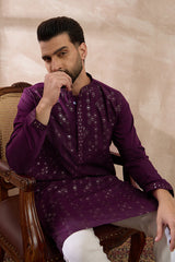 Purple Silk Blend Embroidered Mandarin Collar Straight Kurta With Trouser MKSET2078