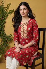 Rayon Red Floral Digital Printed Regular Kurta VCK9821