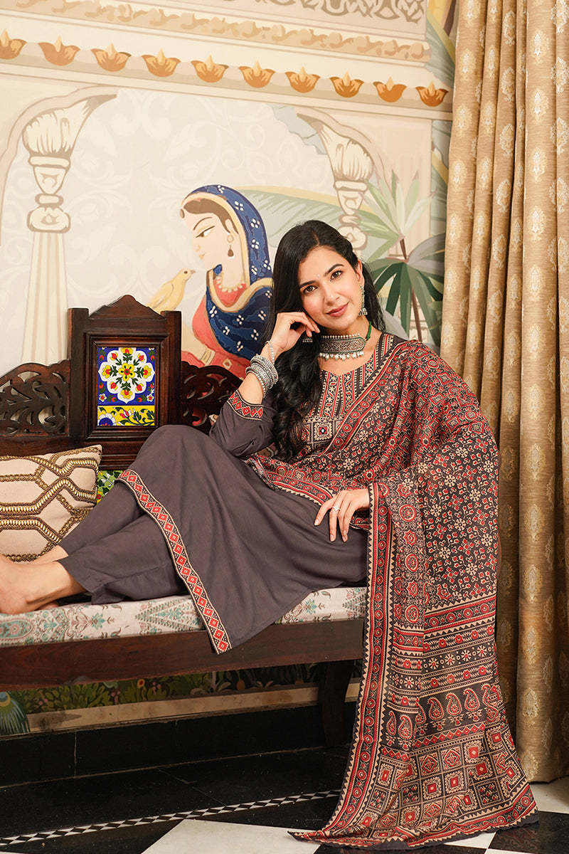 Black Rayon Blend Ajrakh Printed Straight Kurta Trousers With Dupatta PKSKD3065