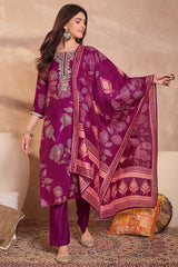 Purple Silk Blend Floral Printed Straight Kurta Trouser With Dupatta PKSKD3216