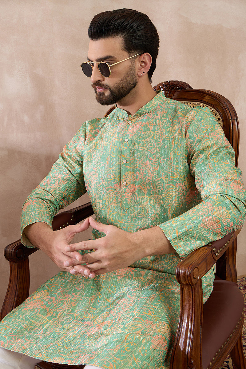 Green Silk Blend Printed Mandarin Collar Straight Kurta MKU2113