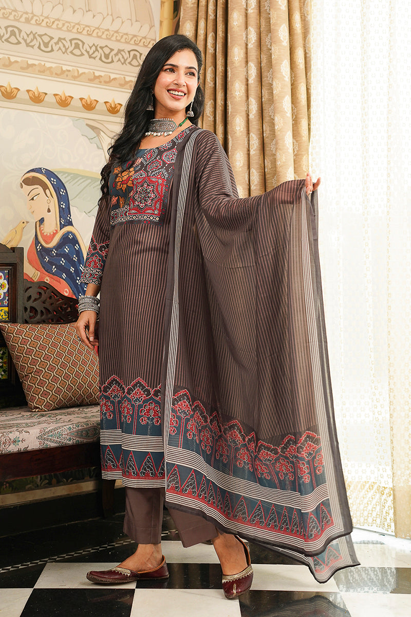 Brown Rayon Blend Ethnic Motifs Printed Straight Kurta Trousers With Dupatta PKSKD3072