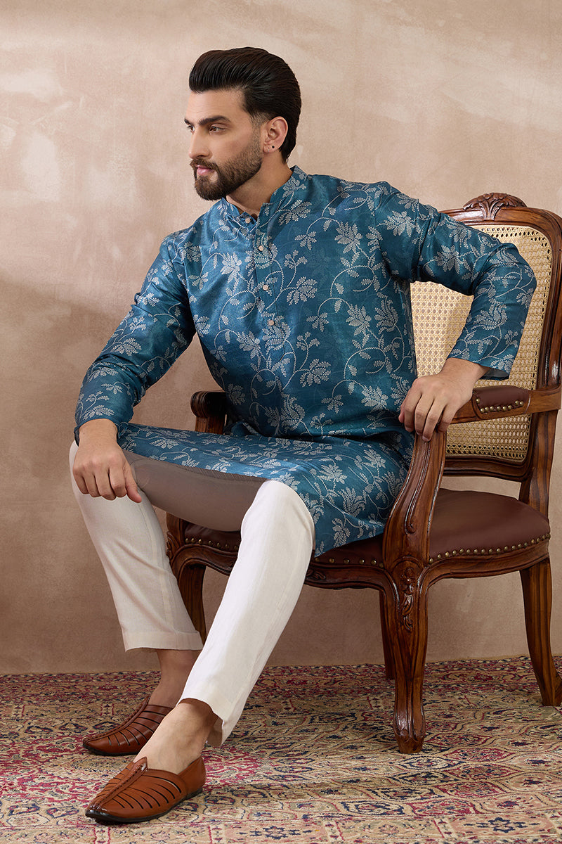 Blue Silk Blend Printed Mandarin Collar Straight Kurta With Trouser MKSET1998