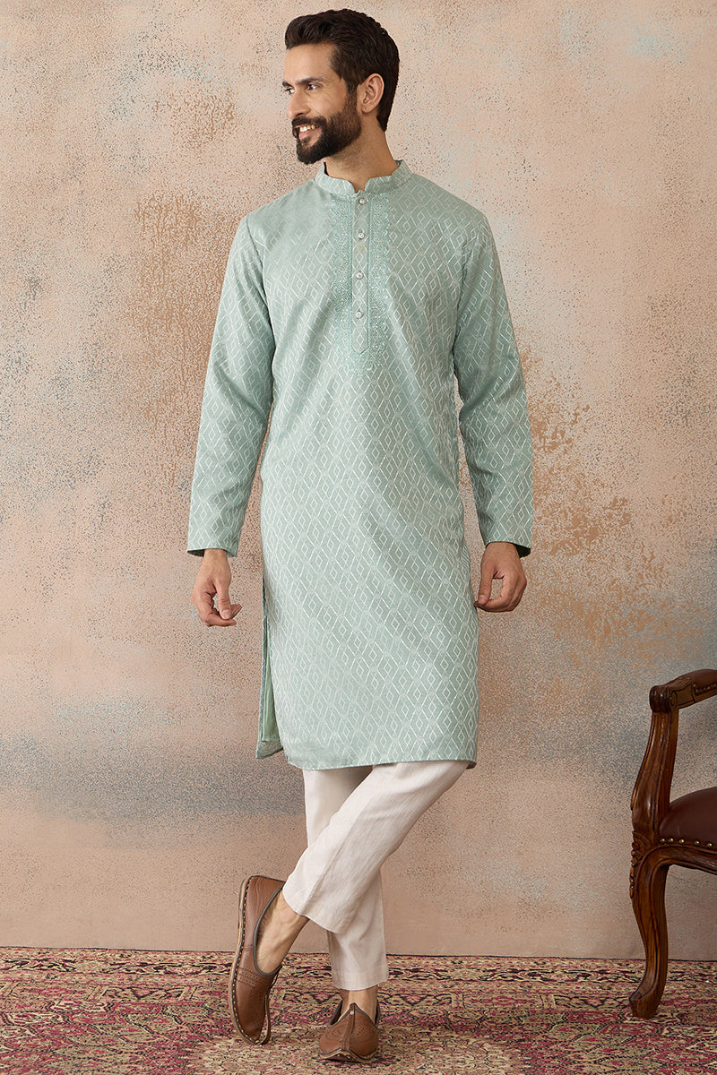 Green Linen Blend Geometric Woven Design Kurta MKU2365
