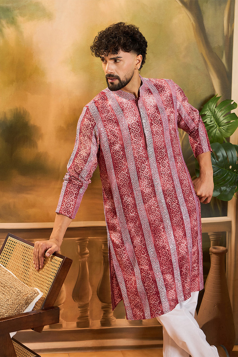 Red Viscose Rayon Batik Embroidered Straight Kurta MKU1482