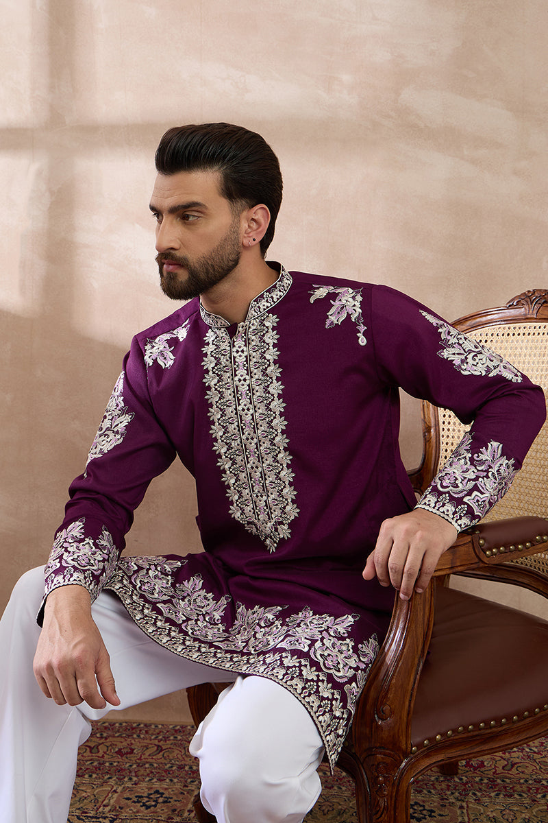 Purple Silk Blend Embroidered Mandarin Collar Straight Kurta With Trou