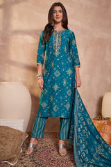 Silk Blend Ethnic Motifs Printed Blue Kurta And Trousers With Dupatta PKSKD3230