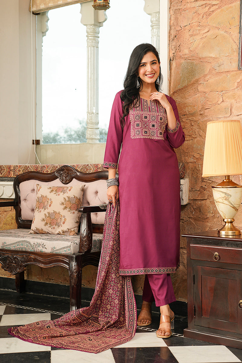 Purple Rayon Blend Ajrakh Printed Straight Kurta Trousers With Dupatta PKSKD3064