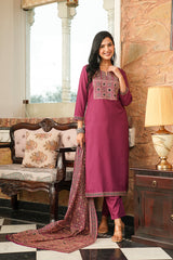 Purple Cotton Blend Ajrakh Printed Straight Kurta Trousers With Dupatta PKSKD3064