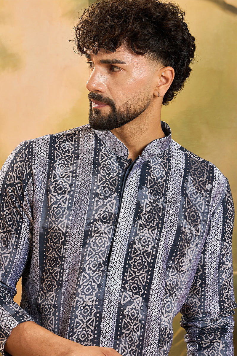 Blue Viscose Rayon Batik Embroidered Straight Kurta MKU1481