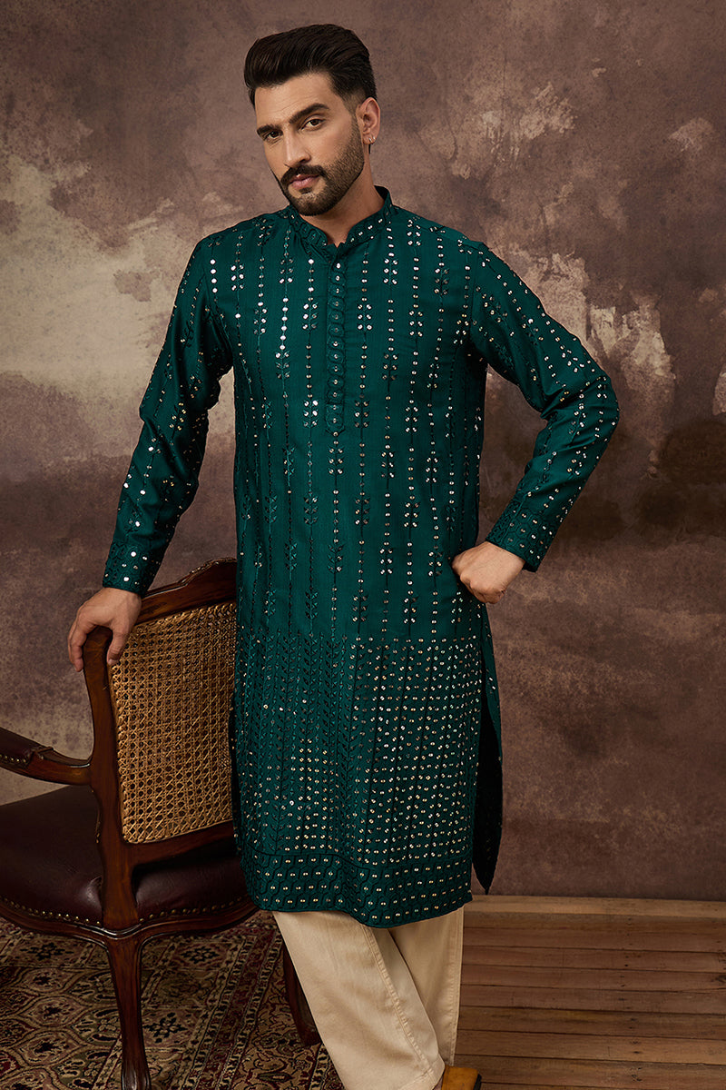Teal Silk Blend Solid Embroidered Straight Kurta MKU1357