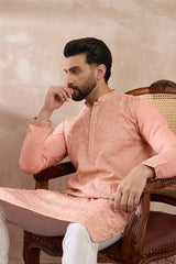 Peach Silk Blend Embroidered Mandarin Collar Straight Kurta MKU2045
