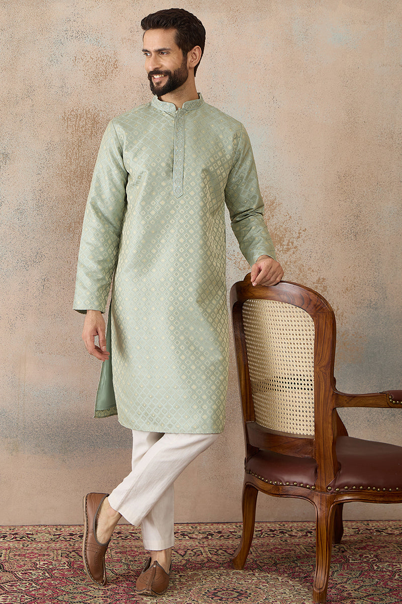 Teal Jacquard Ethnic Motifs Embroidered Kurta With Trouser MKSET2240