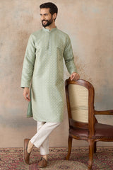 Teal Jacquard Ethnic Motifs Embroidered Kurta With Trouser MKSET2240