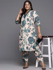 Beige & Green Floral Printed Plus Size Kurta with Trousers-AP-AHKUPZ-COMBO-598