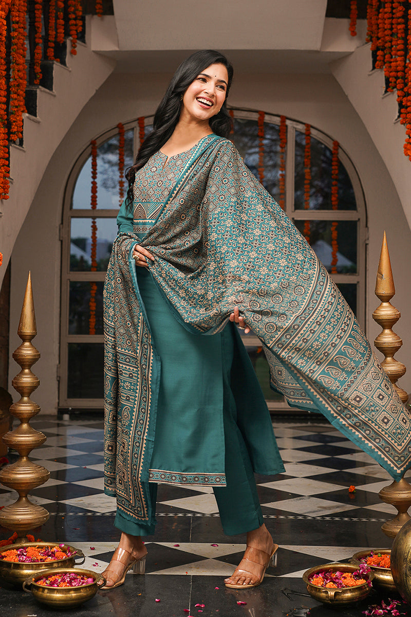 Teal Rayon Blend Ajrakh Printed Straight Kurta Trousers With Dupatta PKSKD3082