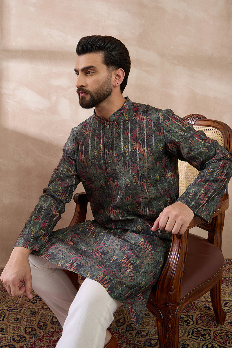 Black Silk Blend Printed Mandarin Collar Straight Kurta MKU2097