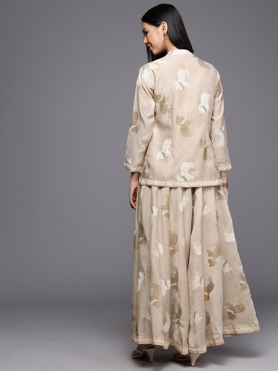 Beige & Gold Printed Lehenga Choli with Shrug | Women's Lehenga