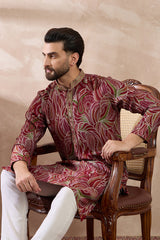 Red Silk Blend Printed Mandarin Collar Straight Kurta MKU1959