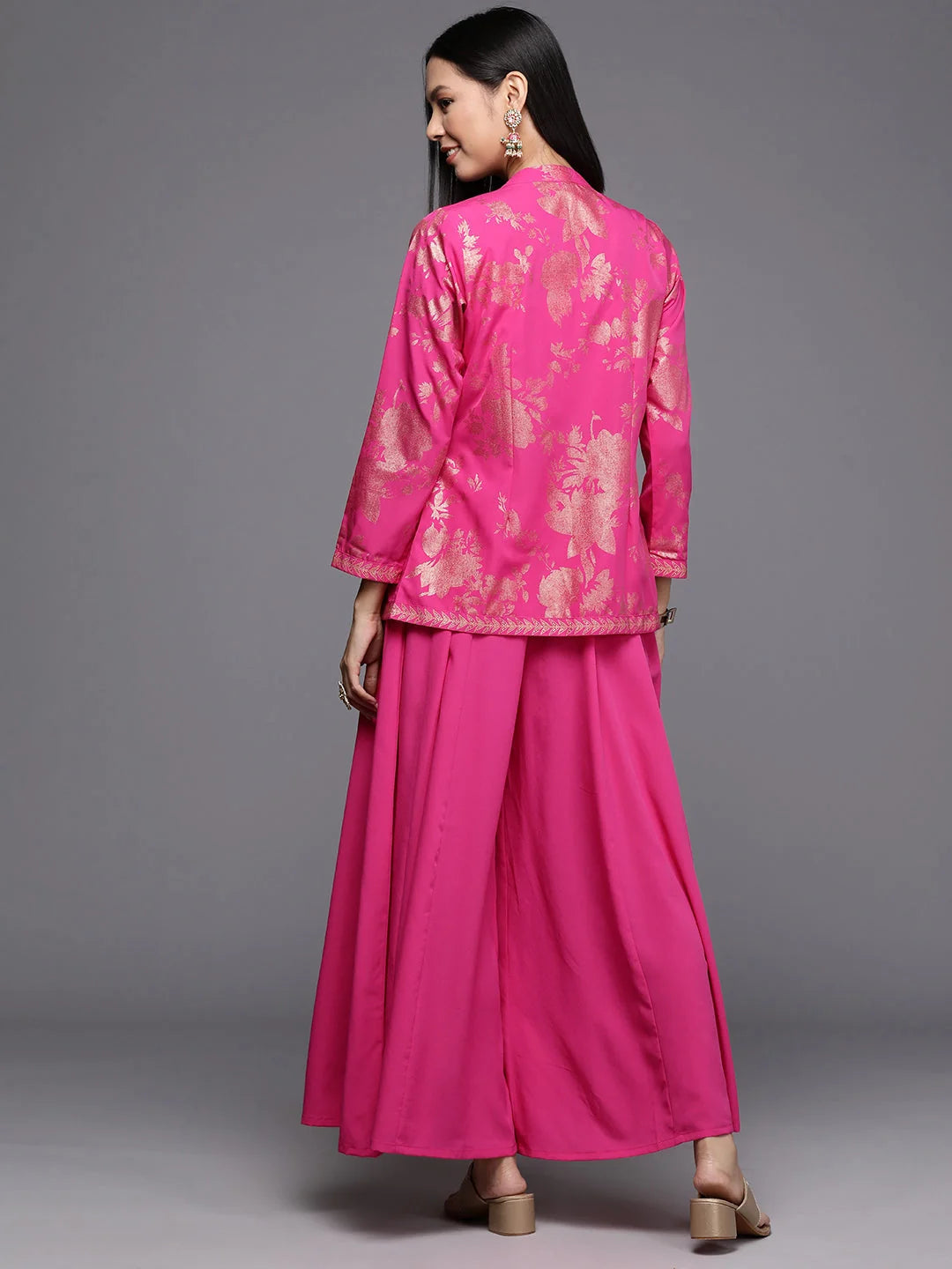 Pink Crop Top Co Ord Sets with Printed Shrug for Women