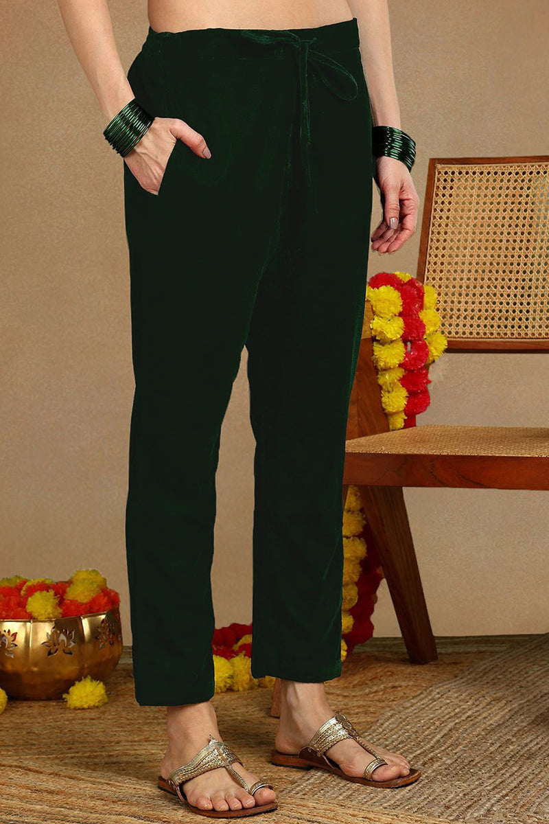 Green Velvet Ethnic Motifs Printed Straight Suit Set PKSKD2772 | DesiQ