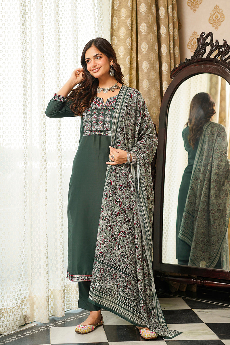 Green Rayon Blend Ajrakh Printed Straight Kurta Trousers With Dupatta PKSKD3066