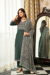 Green Cotton Blend Ajrakh Printed Straight Kurta Trousers With Dupatta PKSKD3066