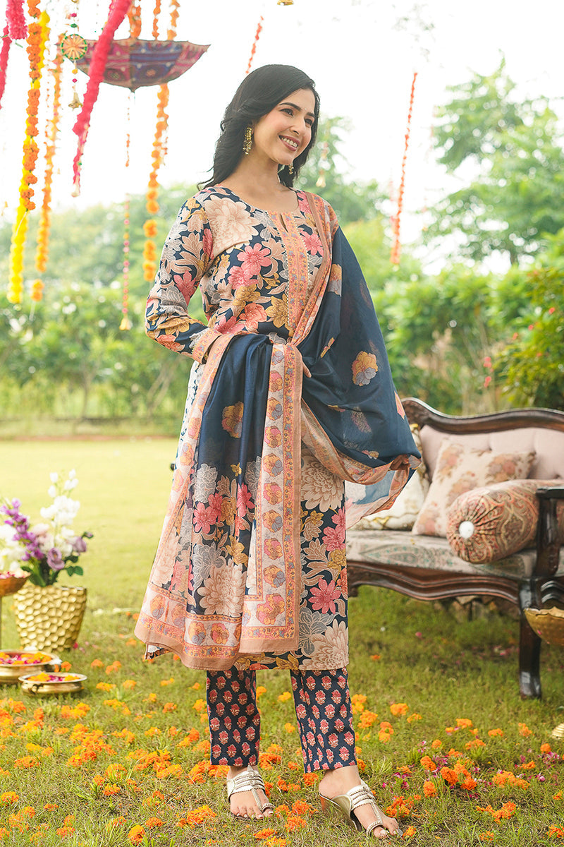 Blue Rayon Blend Floral Printed Straight Kurta Trousers With Dupatta VKSKD2415