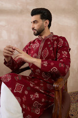 Red Silk Blend Printed Mandarin Collar Straight Kurta With Trouser MKSET1988