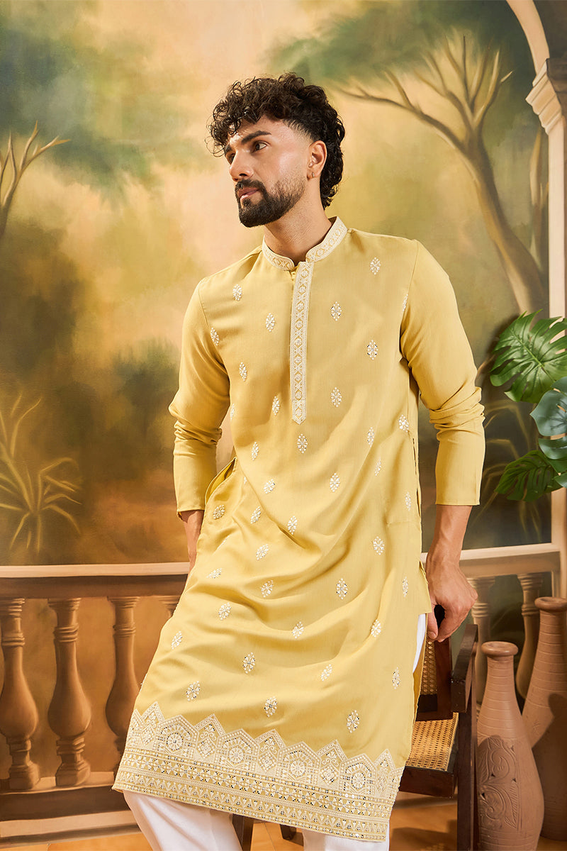 Yellow Silk Blend Solid Embroidered Straight Kurta MKU1434