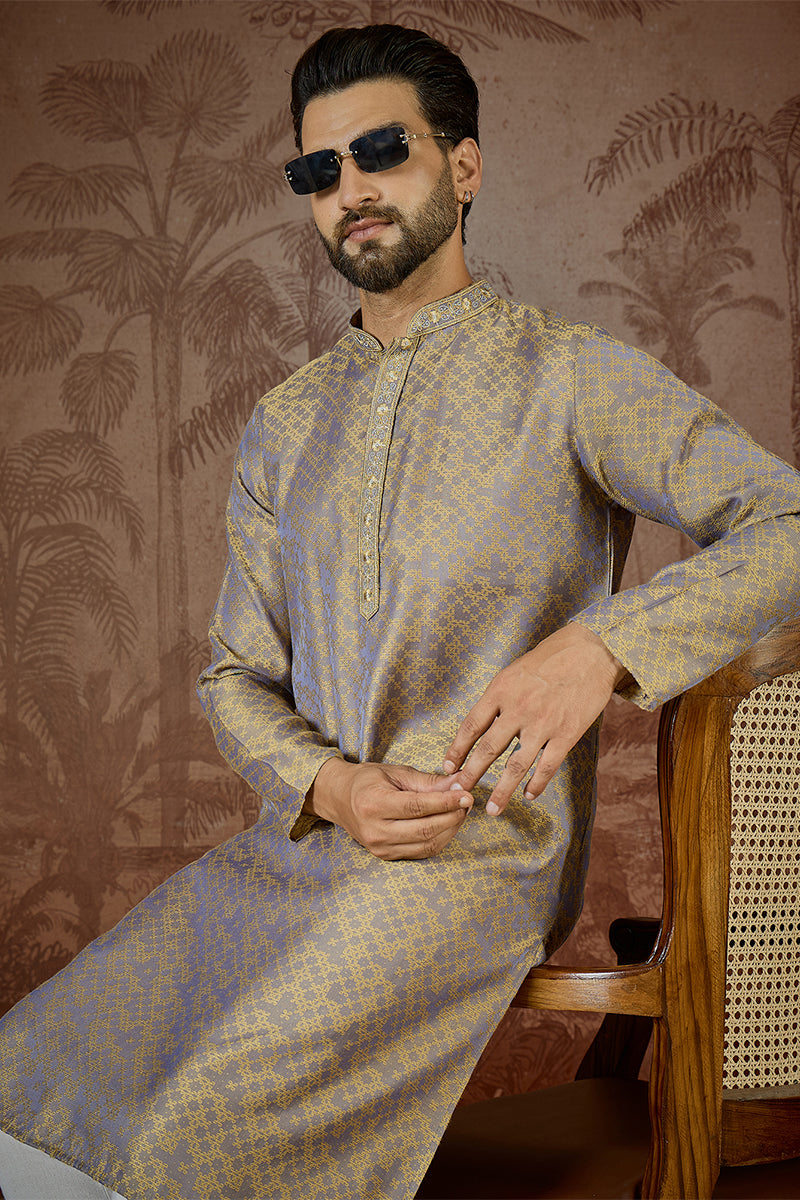 Grey Jacquard Geometric Embroidered Kurta With Trouser MKSET2548