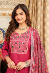 Pink Cotton Blend Ajrakh Printed Straight Kurta Trousers With Dupatta PKSKD3069