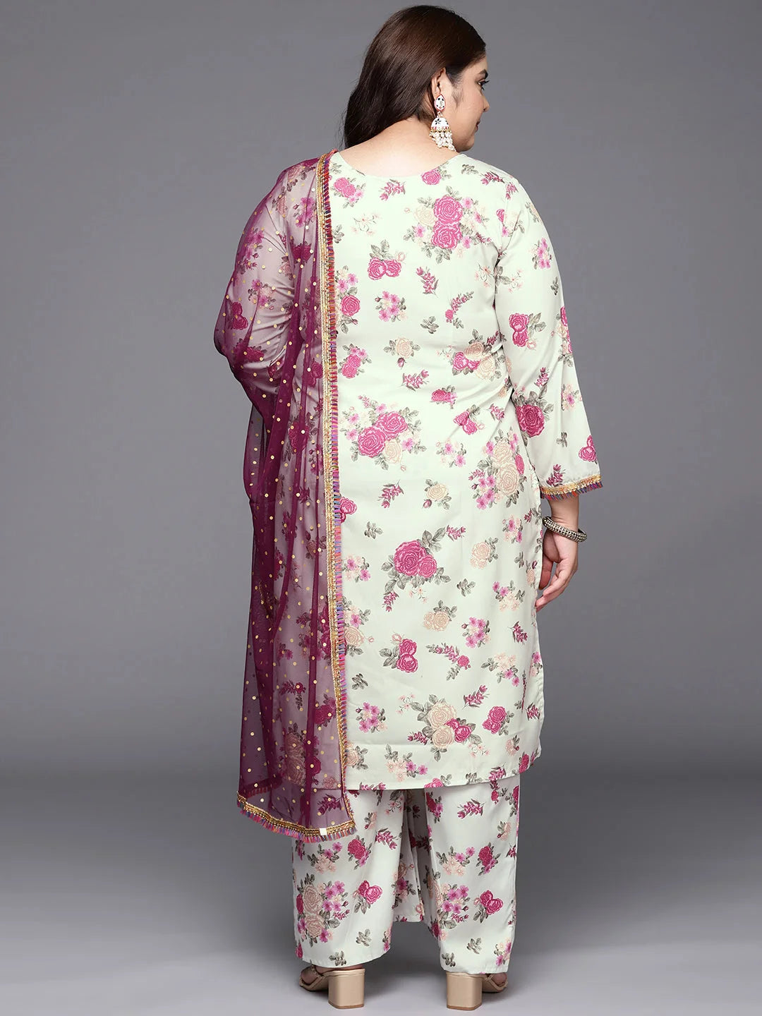 Beige Floral Kurta and Palazzo Set for Plus Size Women