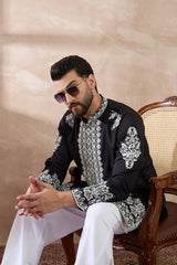 Black Silk Blend Embroidered Mandarin Collar Straight Kurta MKU2019