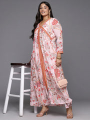 Pink Floral Printed Plus Size High Slit Kurta with Trousers-AP-AHDRPN-COMBO-617-ICH