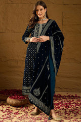 Blue Velvet Ethnic Motifs Printed Straight Trousers Suit Set PKSKD2886