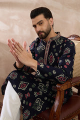 Blue Silk Blend Printed Mandarin Collar Straight Kurta With Trouser MKSET1987