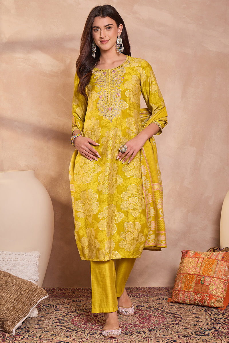 Yellow  Floral Printed Straight Kurta Trouser With Dupatta VKSKD3209