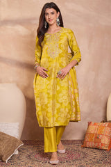 Yellow Poly Silk Floral Printed Straight Kurta Trouser With Dupatta VKSKD3209