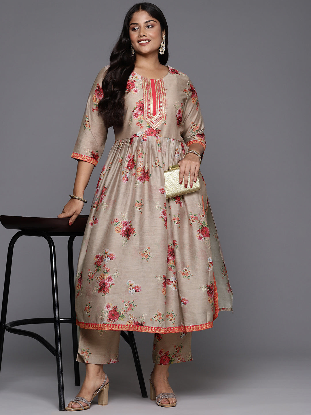 Tan Floral Printed Plus Size Kurta with Trousers-AP-AHKUPN-COMBO-793