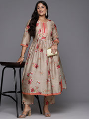 Tan Floral Printed Plus Size Kurta with Trousers-AP-AHKUPN-COMBO-793
