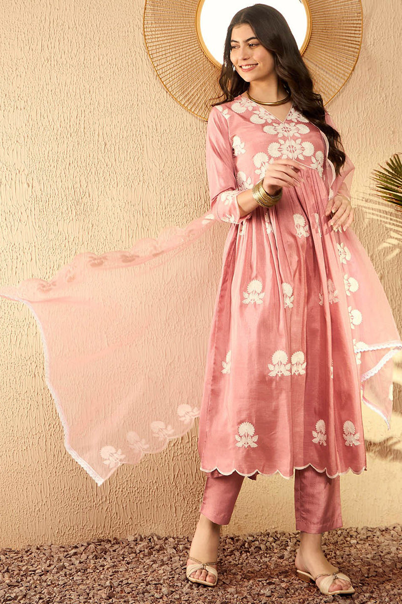 Peach Silk Blend Embroidered Kurta Trouser With Dupatta HOPPKSKD2595 |