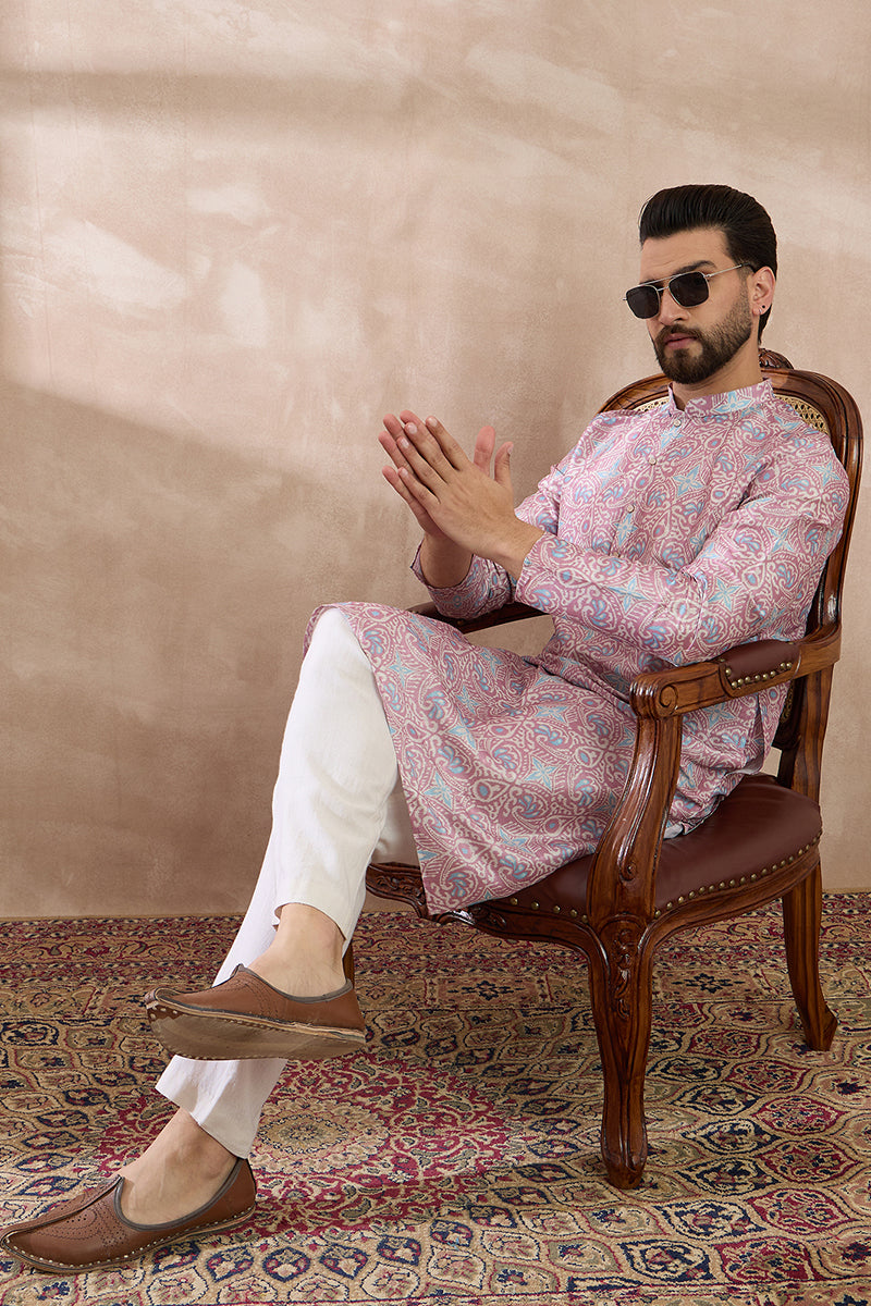 Lavender Silk Blend Printed Mandarin Collar Straight Kurta MKU1985
